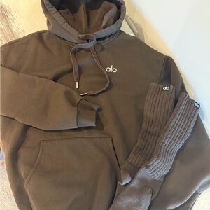 Alo Brown Logo Hoodie with Matching Ribbed Socks Small
